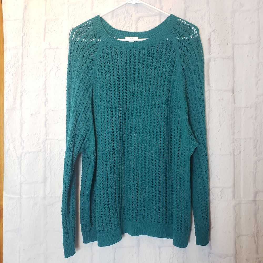 J. JILL Crochet Style Loose Knit Crewneck Sweater GREEN Medium